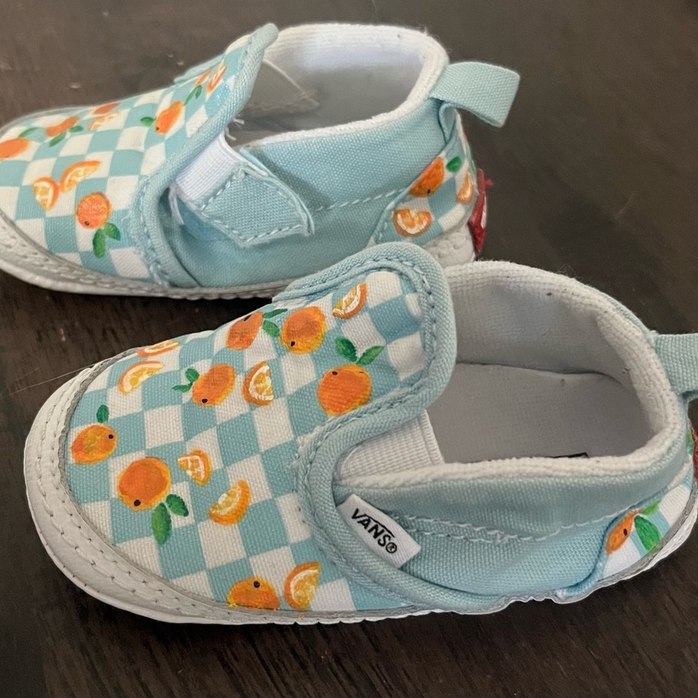 Vans’ Kids Hand-Painted Sneakers in Blue and White Checkered w/ Orange Accents - Picture 2 of 5